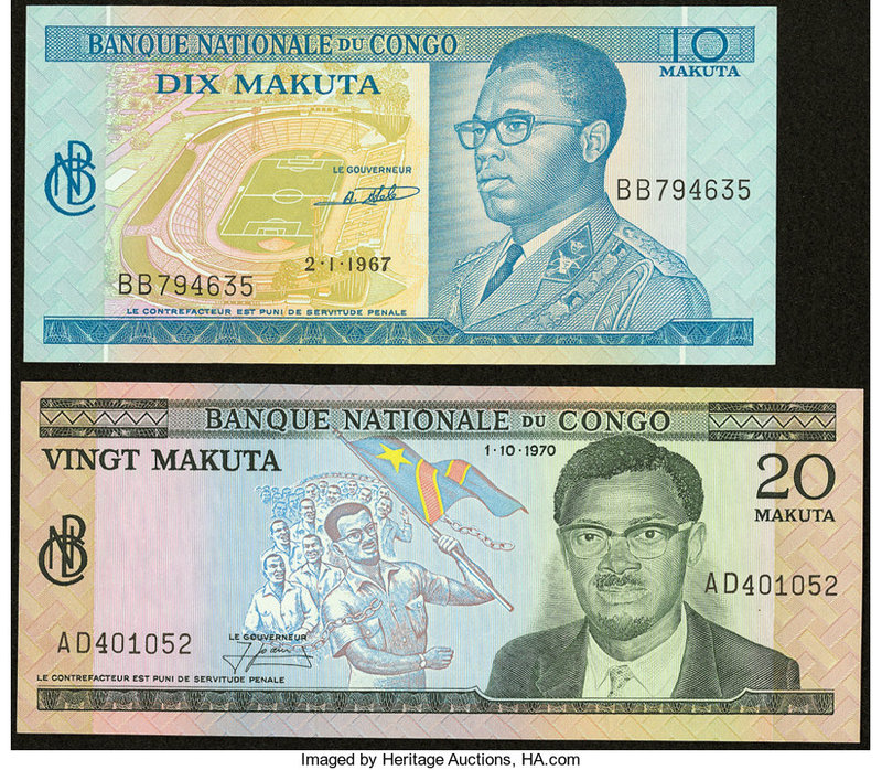Congo, Democratic Republic Banque Nationale du Congo 10; 20 Makuta 1967; 1970 Pi...