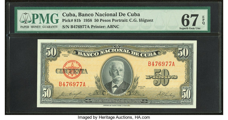 Cuba Banco Nacional de Cuba 50 Pesos 1958 Pick 81b PMG Superb Gem Unc 67 EPQ. 

...
