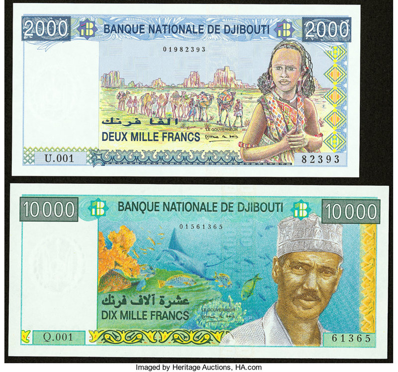 Djibouti Banque Nationale 2000; 10,000 Francs ND (1997; 1999) Pick 40; 41 Two Ex...