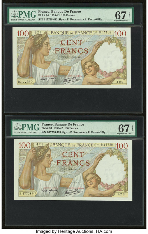France Banque de France 100 Francs 9.1.1941 Pick 94 Three Consecutive Examples P...