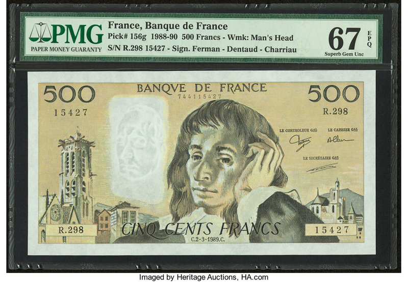 France Banque de France 500 Francs 2.3.1989 Pick 156g PMG Superb Gem Unc 67 EPQ....