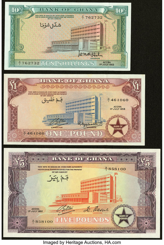 Ghana Bank of Ghana 10 Shillings; 1 Pound; 5 Pounds 1963; 1958; 1962 Pick 1d; 2a...