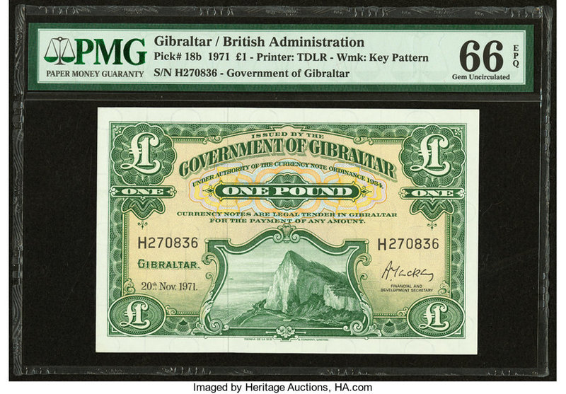 Gibraltar Government of Gibraltar 1 Pound 20.11.1971 Pick 18b PMG Gem Uncirculat...
