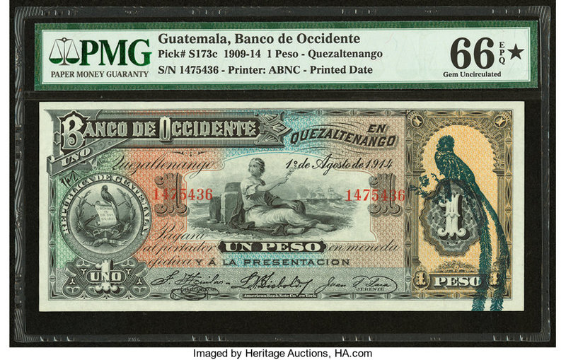 Guatemala Banco de Occidente 1 Peso 1.8.1914 Pick S173c PMG Gem Uncirculated 66 ...