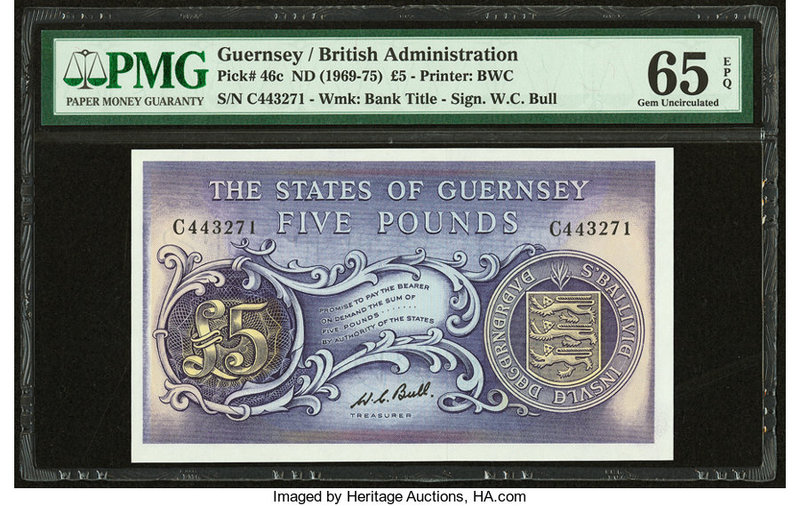 Guernsey States of Guernsey 5 Pounds ND (1969-75) Pick 46c PMG Gem Uncirculated ...
