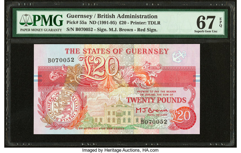 Guernsey States of Guernsey 20 Pounds ND (1991-95) Pick 55a PMG Superb Gem Unc 6...