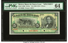 Mexico Banco de Nuevo Leon 5 Pesos ND (1892-1913) Pick S360s M434s Specimen PMG Choice Uncirculated 64. Two POCs.

HID09801242017