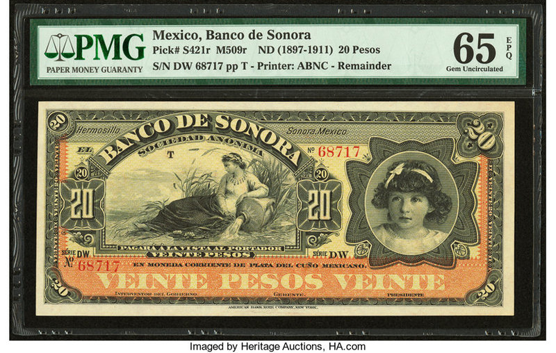 Mexico Banco de Sonora 20 Pesos ND (1897-1911) Pick S421r M509r Remainder PMG Ge...