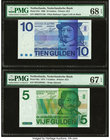 Netherlands Nederlandsche Bank 10; 5 Gulden 25.4.1968; 28.3.1973 Pick 91b; 95a Two Examples PMG Superb Gem Unc 68 EPQ; Superb Gem Unc 67 EPQ. 

HID098...