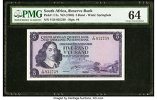 South Africa South African Reserve Bank 5 Rand ND (1966) Pick 111a PMG Choice Uncirculated 64. An English over Afrikaans variety for the Rissik signat...