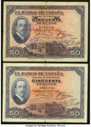 Spain Banco de Espana 50 Pesetas 17.5.1927 Pick 72a; 17.5.1927 (1931) Pick 80 Fine-Very Fine. Both examples have edge tears.

HID09801242017