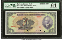 Turkey Central Bank of Turkey 50 Lira 1930 (ND 1942) Pick 142s Specimen PMG Choice Uncirculated 64. Four POCs.

HID09801242017