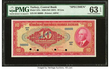 Turkey Central Bank of Turkey 10 Lira 1930 (ND 1947) Pick 147s Specimen PMG Choice Uncirculated 63 EPQ. Four POCs.

HID09801242017