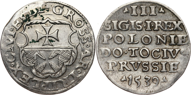 Zygmunt I Stary, trojak 1539, Elbląg
 Połyskowy egzemplarz.

Grade: XF- 
Lit...