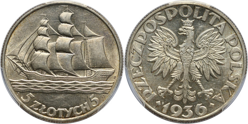II RP, 5 złotych 1936, Warszawa, żaglowiec
 Ładnie zachowany, okołomenniczy egz...