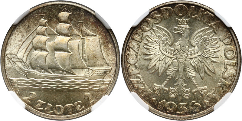II RP, 2 złote 1936, Warszawa, żaglowiec
 Pięknie zachowane w delikatnej, złoci...