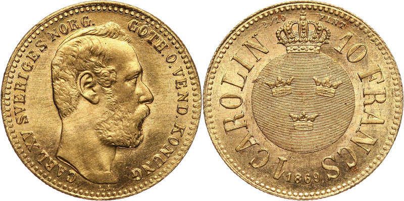 Sweden, Karl XV Adolf, Carolin = 10 Francs 1869
Szwecja, Karol XV Adolf, caroli...
