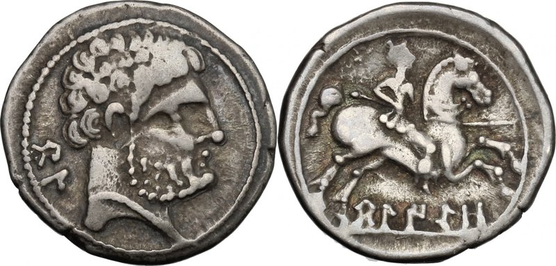 Hispania. Osca. AR Denarius, 150-100 BC. D/ Bearded head right; behind, Iberian ...