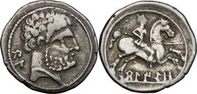 Hispania. Osca. AR Denarius, 150-100 BC. D/ Bearded head right; behind, Iberian letters. R/ Horseman right: below, Iberian inscription. CNH 13. BMC 74...