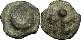 Greek Italy. Northern Apulia, Luceria. AE Semuncia, 225-217 BC. D/ Crescent. R/ Thyrsos. HN Italy 675. AE. g. 9.43 mm. 19.00 Green patina. About VF/Go...