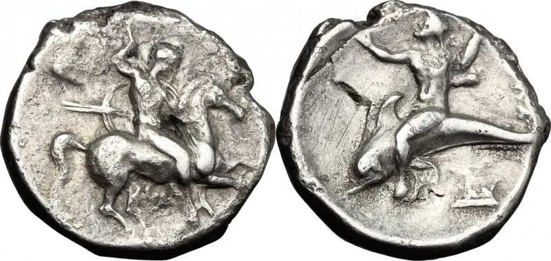 Greek Italy. Southern Apulia, Tarentum. AR Nomos, 332-302 BC. Evans period V. D/...
