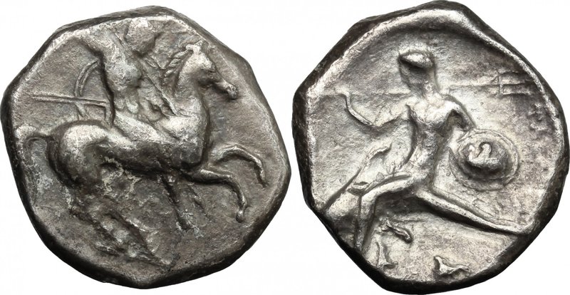 Greek Italy. Southern Apulia, Tarentum. AR Nomos, c. 332-302 BC. D/ Armed horsem...