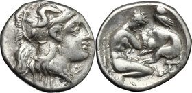 Greek Italy. Southern Apulia, Tarentum. AR Diobol, c. 340 BC. D/ Head of Athena right, wearing helmet decorated with Scylla. R/ Heracles kneeling righ...