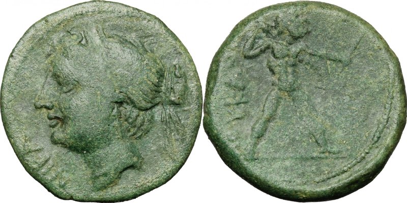 Greek Italy. Southern Lucania, The Lucanians. AE Half Unit, 209-207 BC. D/ Head ...