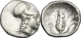 Greek Italy. Southern Lucania, Metapontum. AR Diobol, 325-275 BC. D/ Head of Athena right, helmeted. R/ Ear of barley; to right, cornucopiae. HN Italy...