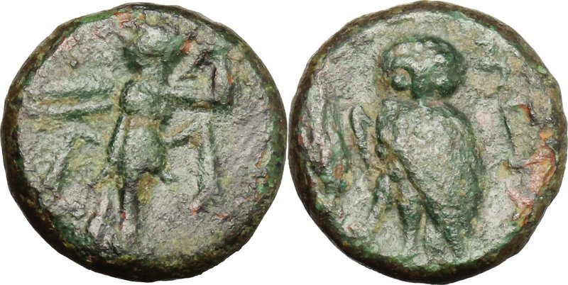 Greek Italy. Southern Lucania, Metapontum. AE 13mm, 300-250 BC. D/ Athena Alkide...