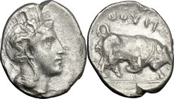 Greek Italy. Southern Lucania, Thurium. AR Diobol, c. 4th century BC. D/ Head of Athena right, wearing helmet decorated with Scylla. R/ Bull butting r...