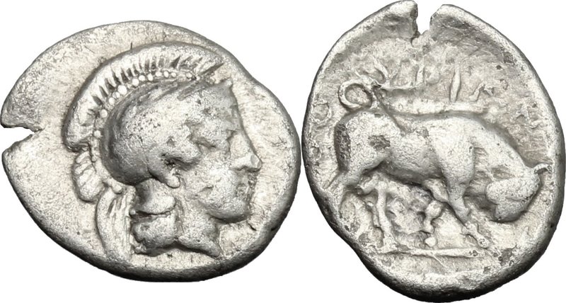 Greek Italy. Southern Lucania, Thurium. AR Triobol, c. 350-300 BC. D/ Head of At...