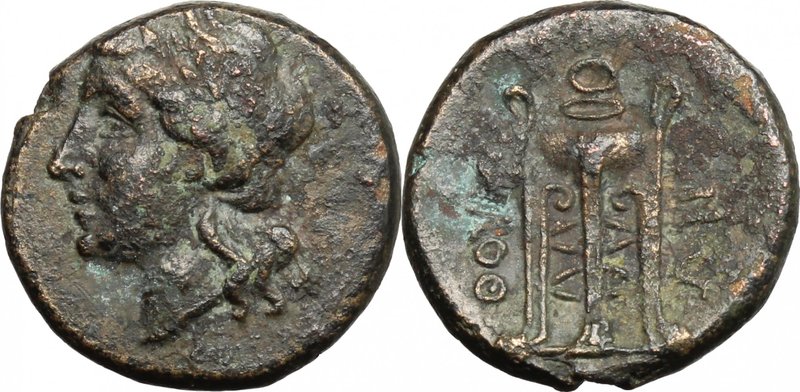 Greek Italy. Southern Lucania, Thurium. AE 17mm, ca. 280 BC. D/ Head of Apollo l...