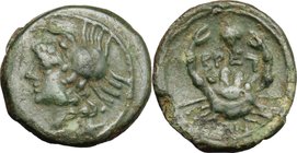Greek Italy. Bruttium, The Brettii. AE Quarter Unit. "Thunderbolt" group, circa 211-208 BC. D/ Head of sea-goddess left, wearing crab headdress. R/ Cr...