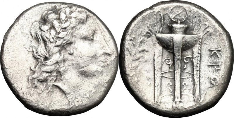 Greek Italy. Bruttium, Kroton. AR Stater, 350-300 BC. D/ Head of Apollo right. R...