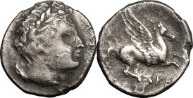 Greek Italy. Bruttium, Kroton. AR Drachm, 300-250 BC. D/ Male head right, laureate. R/ Pegasus flying right. HN Italy 2196. AR. g. 1.53 mm. 13.00 Tone...