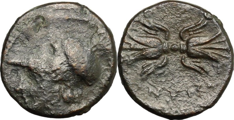 Greek Italy. Bruttium, Locri. AE 13mm, c. 317-289 BC. D/ Head of Athena left, he...