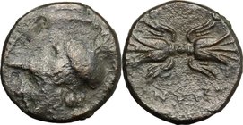 Greek Italy. Bruttium, Locri. AE 13mm, c. 317-289 BC. D/ Head of Athena left, helmeted; behind, pellet. R/ Thunderbolt. HN Italy 2362. AE. g. 1.71 mm....