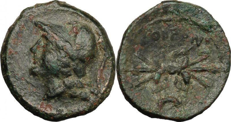 Greek Italy. Bruttium, Locri. AE 16mm, c. 317-289 BC. D/ Head of Athena left, he...