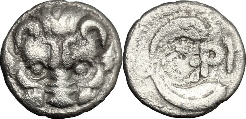 Greek Italy. Bruttium, Rhegion. AR Litra, 415-387 BC. D/ Lion mask facing. R/ PH...