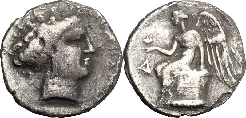 Greek Italy. Bruttium, Terina. AR Drachm, c. 300 BC. D/ Female head right. R/ Ni...