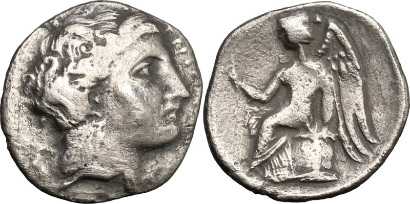 Greek Italy. Bruttium, Terina. AR Drachm, c. 300 BC. D/ Female head right. R/ Ni...