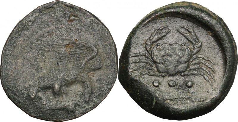 Sicily. Akragas. AE Tetras, c. 420-406 BC. D/ Eagle standing right on hare, head...