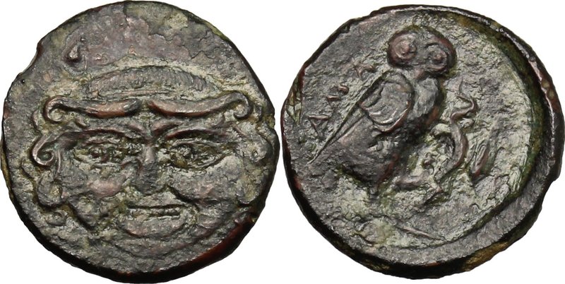 Sicily. Kamarina. AE Oncia, circa 420-410 BC. D/ Gorgoneion. R/ Owl standing rig...