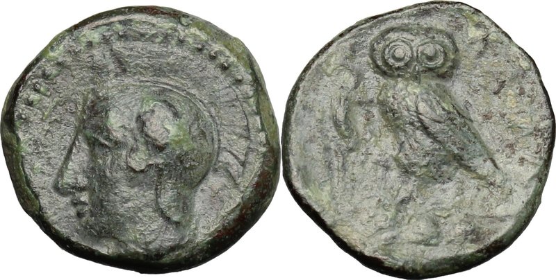 Sicily. Kamarina. AE Tetras, c. 410 BC. D/ Head of Athena left, helmeted. R/ Owl...