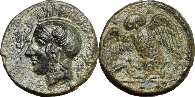 Sicily. Kamarina. AE Tetras, 410-405 BC. D/ Head of Athena left, helmeted; befor...