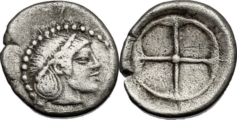 Sicily. Syracuse. AR Litra, 480-470 BC. D/ Head of Arethusa right. R/ Wheel with...