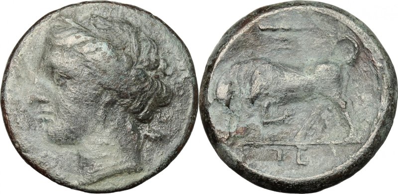 Sicily. Syracuse. Hieron II (274-216 BC). AE 19mm. D/ Head of Kore left wearing ...