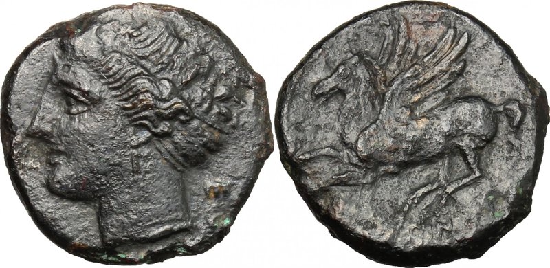 Sicily. Syracuse. Hieron II (274-216 B.C.). AE 14mm. D/ Female head left, wearin...