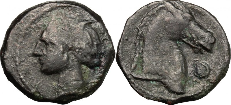 Sicily. Punic Sicily. AE 20mm, 300-264 BC. D/ Head of Tanit-Persephone left, wea...
